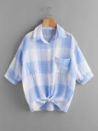 Romwe Gingham Print Knot Front Shirt With Chest Pocket