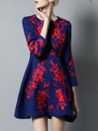 Romwe Blue Flowers Embroidered Jacquard A-line Dress