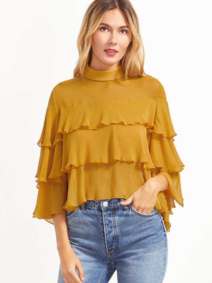 Romwe Buttoned Keyhole Back Layered Ruffle Blouse