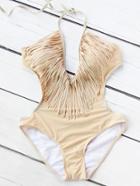 Romwe Fringe Plunge V Neckline One-piece Swimwear