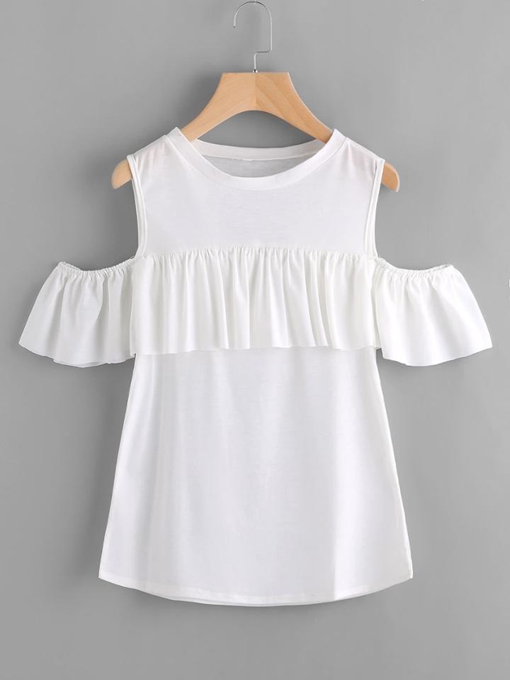 Romwe Frill Trim Open Shoulder Tee