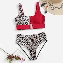 Romwe Leopard Buckle Front Top With High Waist Bikini