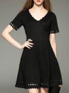 Romwe Black V Neck Embroidered Hollow A-line Dress