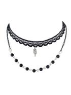 Romwe Black Color Double Layers Lace Beads Chain Choker