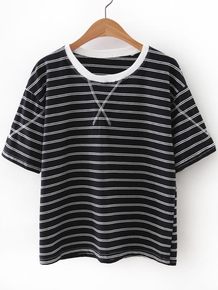 Romwe Black Round Neck Stripe T-shirt