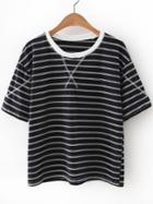 Romwe Black Round Neck Stripe T-shirt