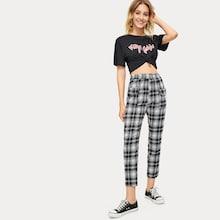 Romwe Tartan Plaid Elastic Waist Pants