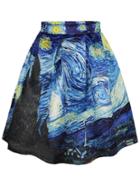 Romwe Blue Starry Night Print Box Pleated Skirt