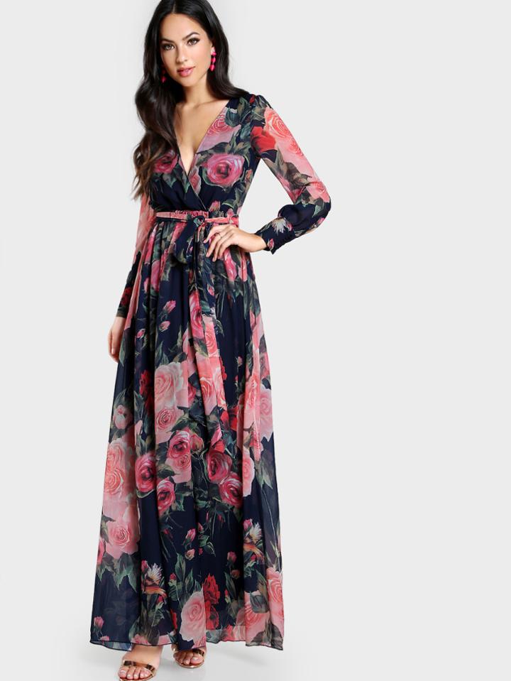 Romwe Rose Print Cuffed Long Sleeve Belted Wrap Dress