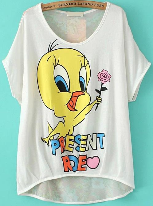 Romwe Cartoon Chicken Print Dipped Hem White T-shirt