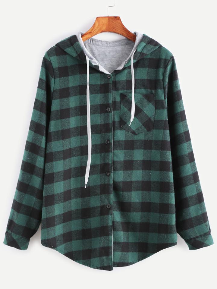Romwe Green Check Plaid Pocket Blouse With Contrast Lining Hood