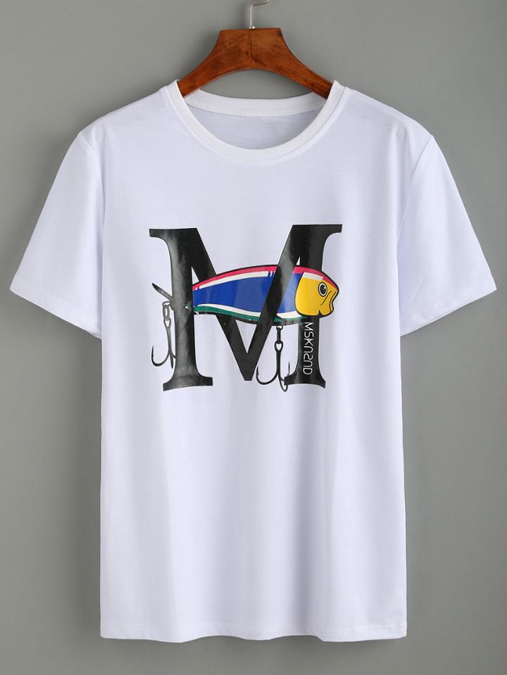Romwe White Fish Print T-shirt
