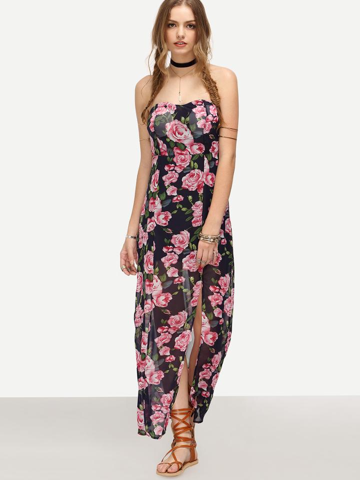 Romwe Pink Rose Print Front Slit Bandeau Dress