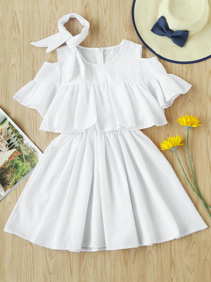 Romwe Open Shoulder Frill Trim Layered Dress With Ribbons