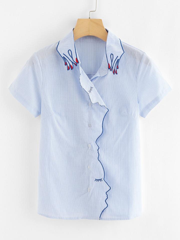 Romwe Striped Embroidered Shirt