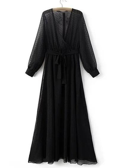 Romwe Black V Neck Chiffon Maxi Dress With Belt