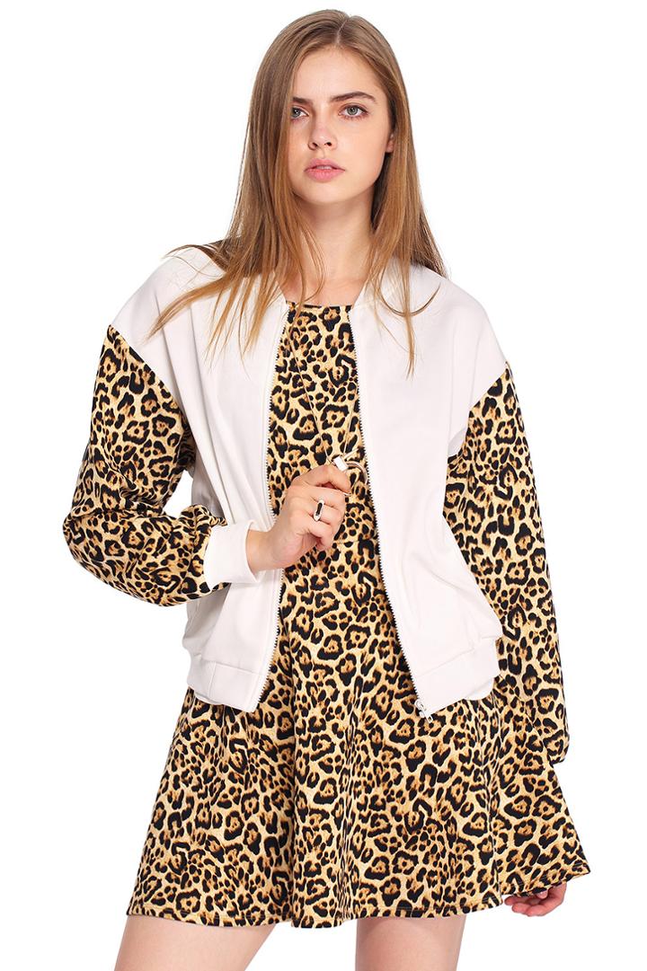 Romwe Romwe Leopard Sleeved White Jacket