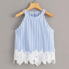 Romwe Striped Appliques Halter Blouse