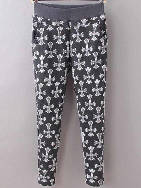 Romwe Grey Rib Waist Cross Print Leggings With Pockets