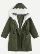 Romwe Army Green Drawstring Hooded Parka With Faux Fur