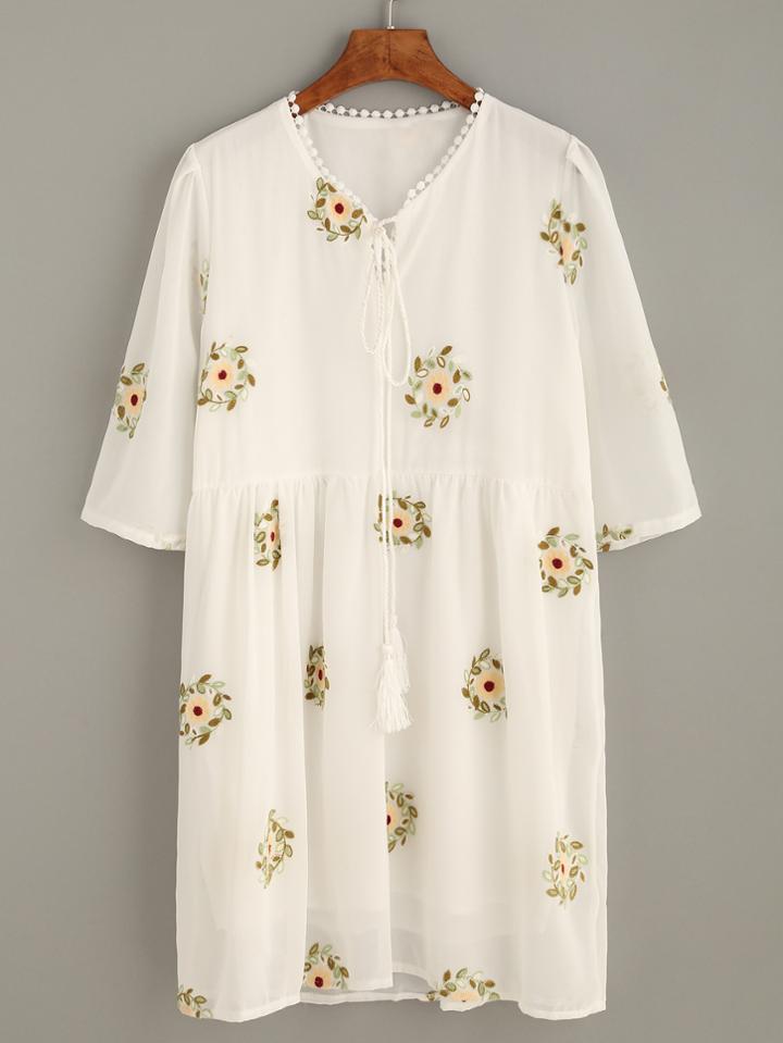Romwe White Lace Trim Tie Neck Embroidered Chiffon Dress