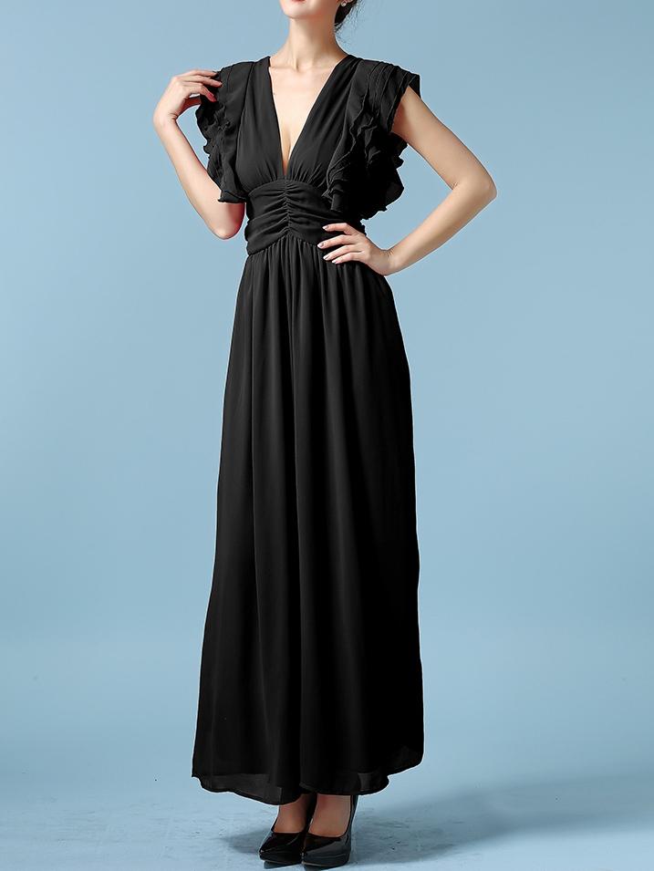 Romwe Deep V Neck Ruffle Wide Leg Chiffon Black Jumpsuit
