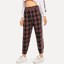 Romwe Elastic Waist Tape Panel Side Plaid Pants