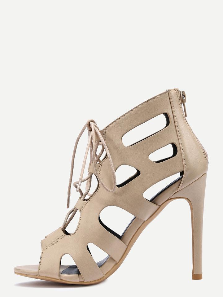 Romwe Laser Cut Peep Toe Lace-up Pumps - Apricot