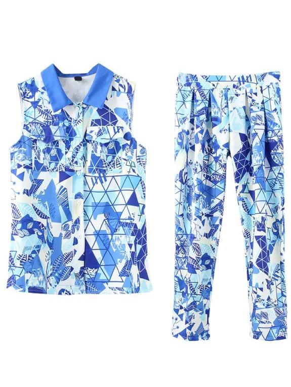 Romwe Lapel Print Buttons Top With Zipper Pant