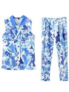 Romwe Lapel Print Buttons Top With Zipper Pant
