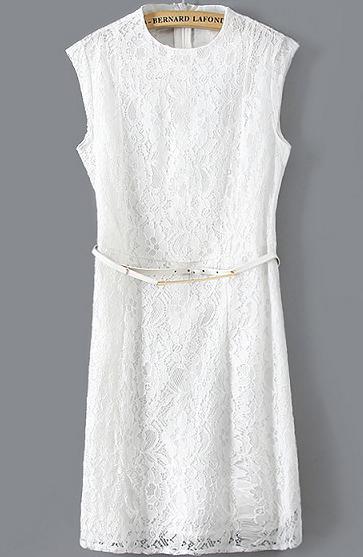 Romwe Stand Collar Sleeveless Lace Slim White Dress