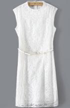 Romwe Stand Collar Sleeveless Lace Slim White Dress
