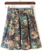 Romwe Green Floral Pleated Mini Skirt