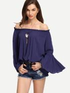 Romwe Navy Ruffled Off-the-shoulder Bell Sleeve Blouse