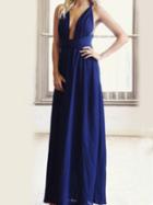 Romwe Deep V Neck Maxi Blue Dress