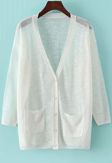 Romwe V Neck With Pockets White Cardigan