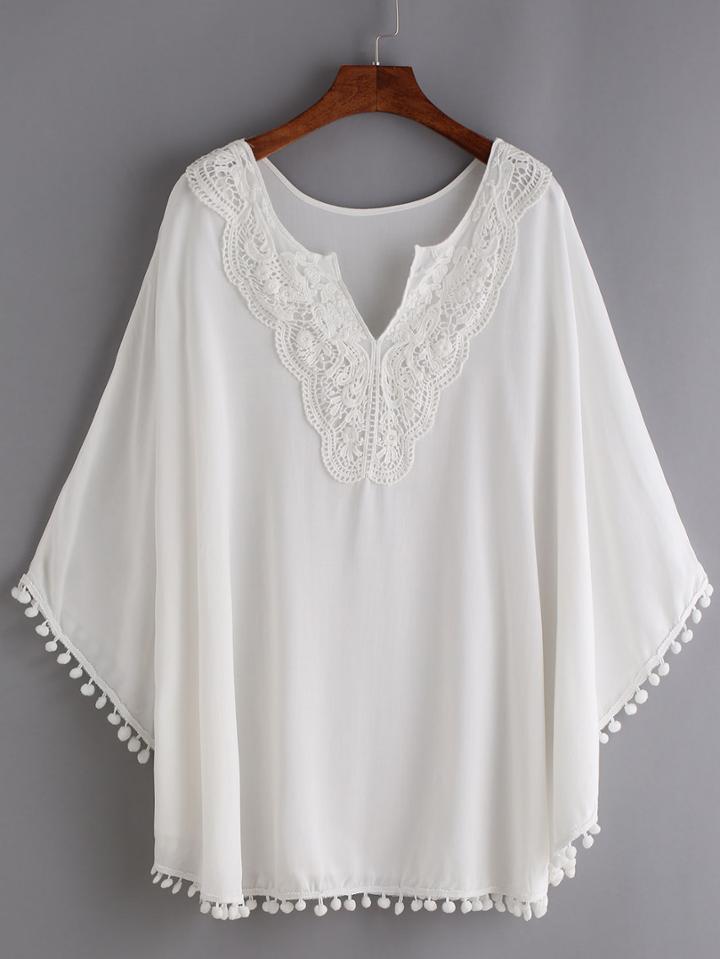 Romwe Pom Pom Trimmed Crochet Applique Blouse - White