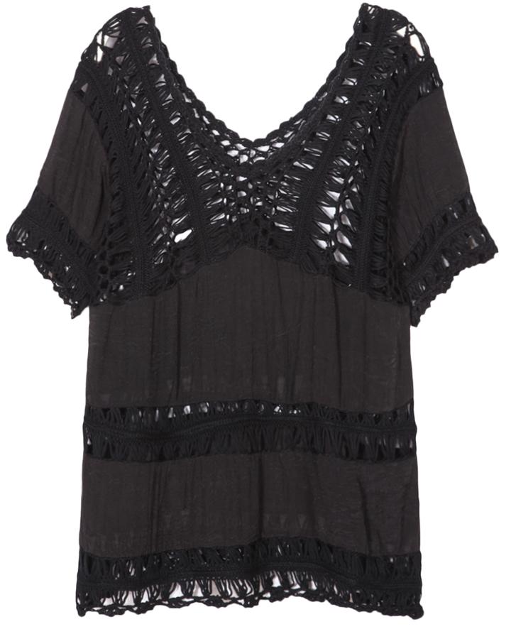 Romwe Scoop Neck Short Sleeve Hollow Black Blouse