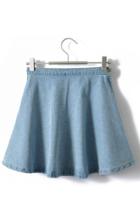 Romwe Pleated Flare Denim Blue Skirt
