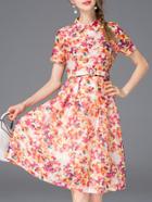 Romwe Red Lapel Floral Belted A-line Dress