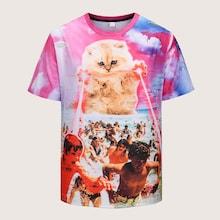 Romwe Guys 3d Cat & Figure Print Tee
