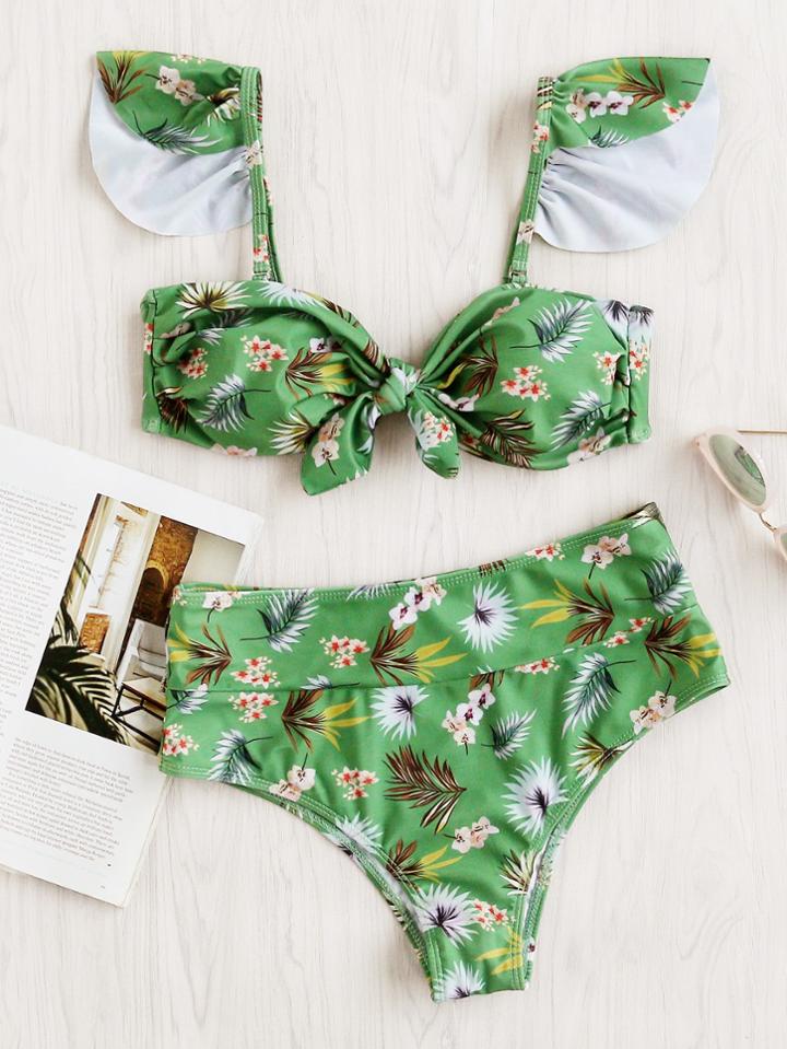 Romwe Calico Print High Waist Bow Tie Bikini Set