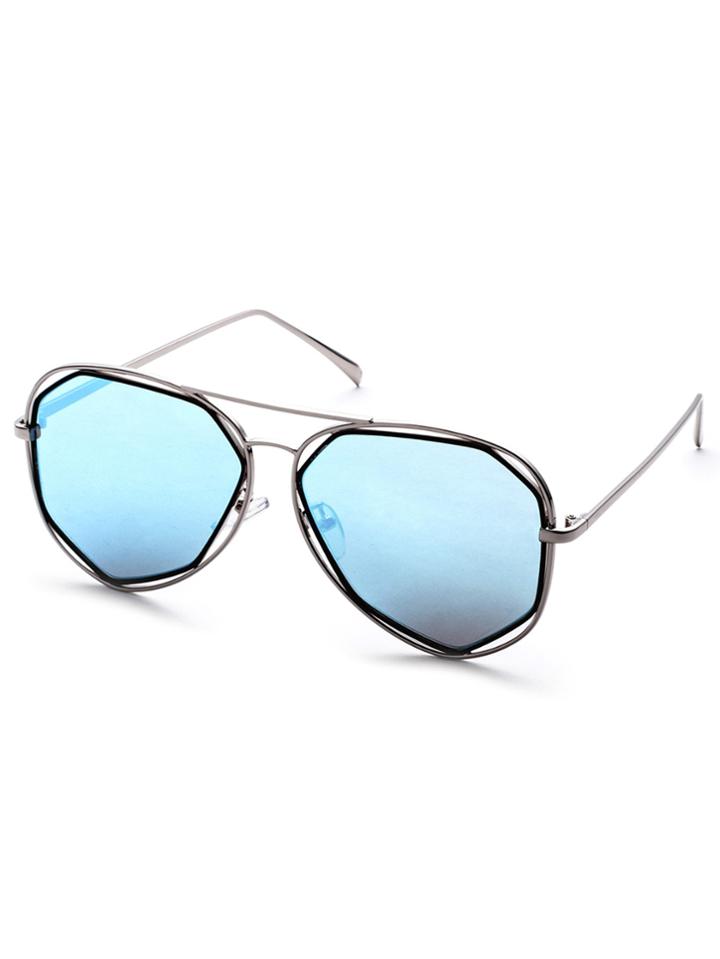 Romwe Metal Frame Blue Lens Hollow Out Sunglasses