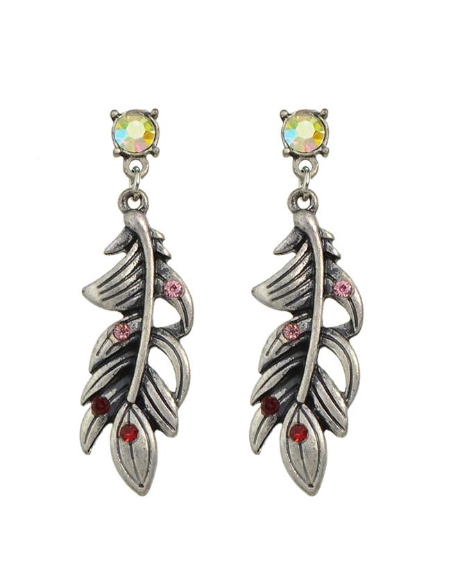 Romwe Red Rhinestone Leaf Drop Earrings