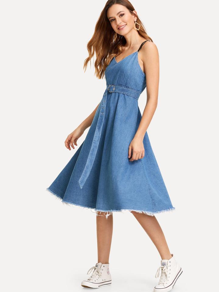 Romwe Raw Hem Cami Denim Dress
