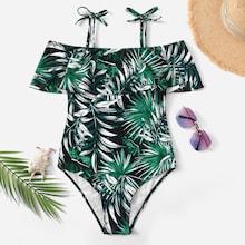 Romwe Random Tropical Print Flounce One Piece Swimsuit