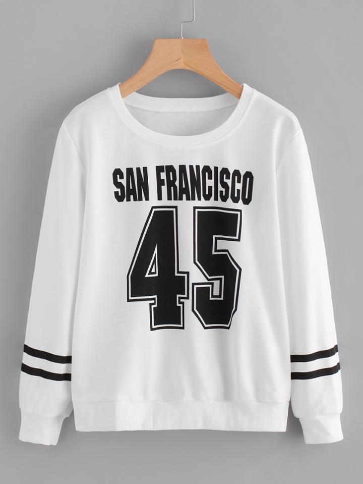 Romwe Number Print Varsity Striped Sweatshirt