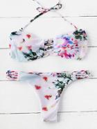 Romwe Floral Print Criss Cross Halter Bikini Set