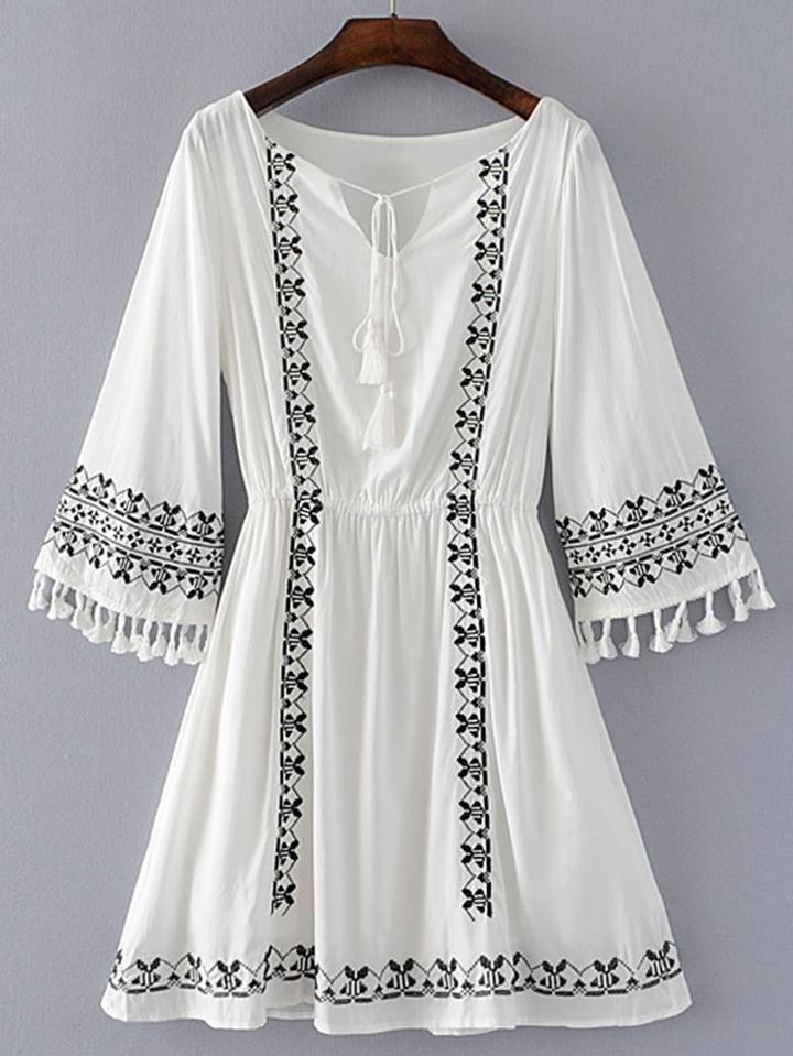 Romwe Bell Sleeve Embroidery Dress With Fringe