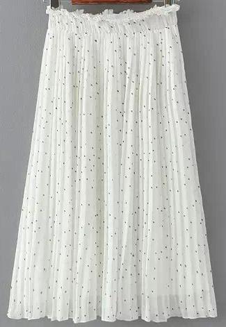 Romwe White Elastic Waist Polka Dot Pleated Skirt